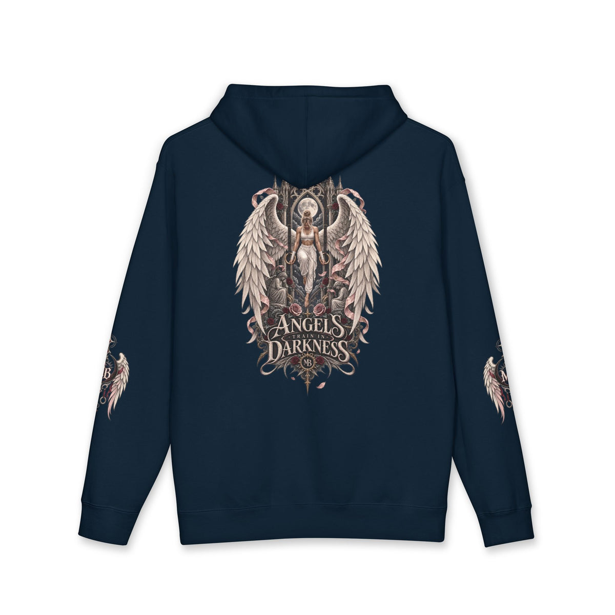 Angels Train In Darkness Women's Hoodie – Navy back – official Printify mockup