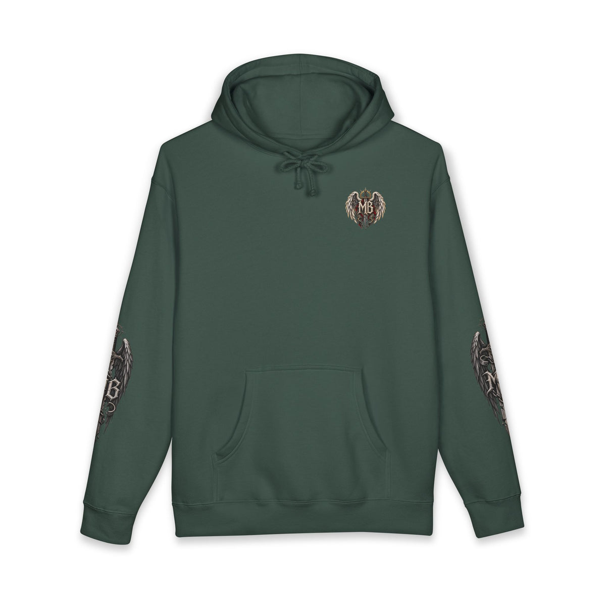 Fallen But Unbroken Men's Hoodie – Alpine Green front – official Printify mockup