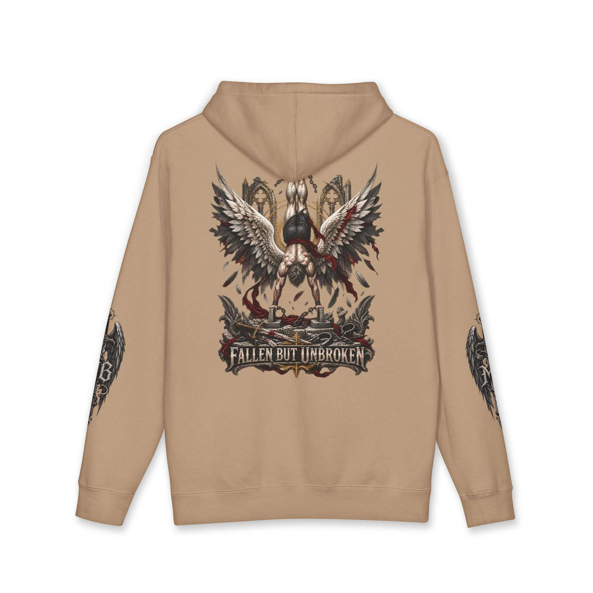 Fallen But Unbroken Men's Hoodie – Sandstone back – official Printify mockup