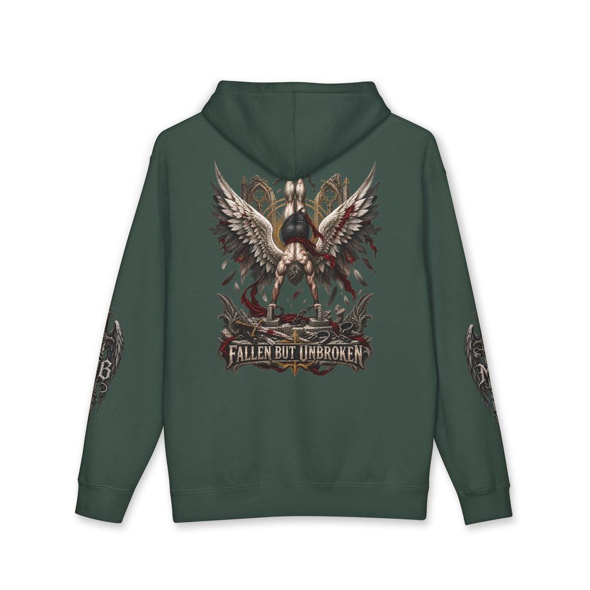 Fallen But Unbroken Men's Hoodie – Alpine Green back – official Printify mockup