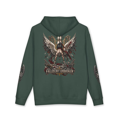 Fallen But Unbroken Men's Hoodie – Alpine Green back – official Printify mockup