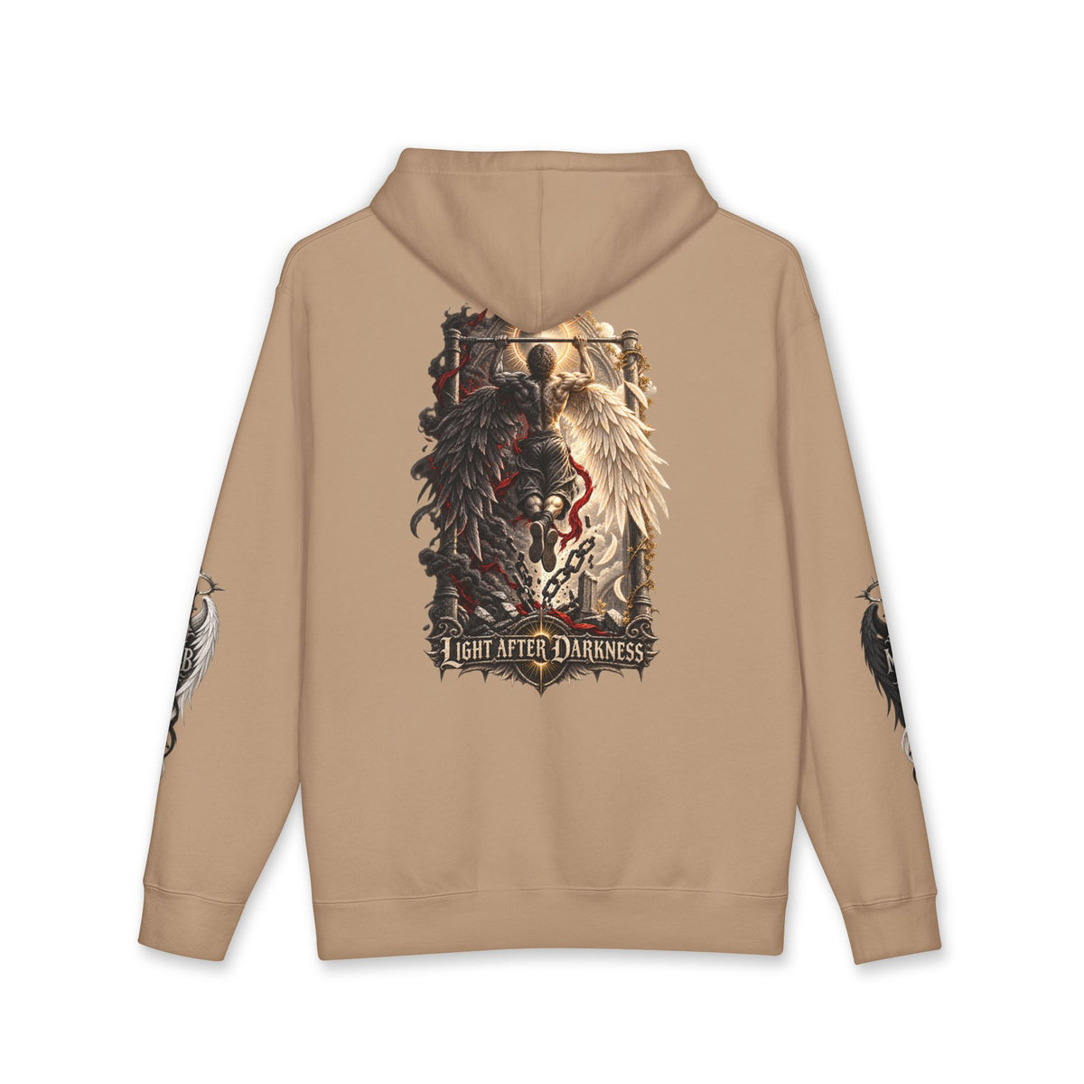 Light After Darkness Men's Hoodie – Sandstone back – official Printify mockup