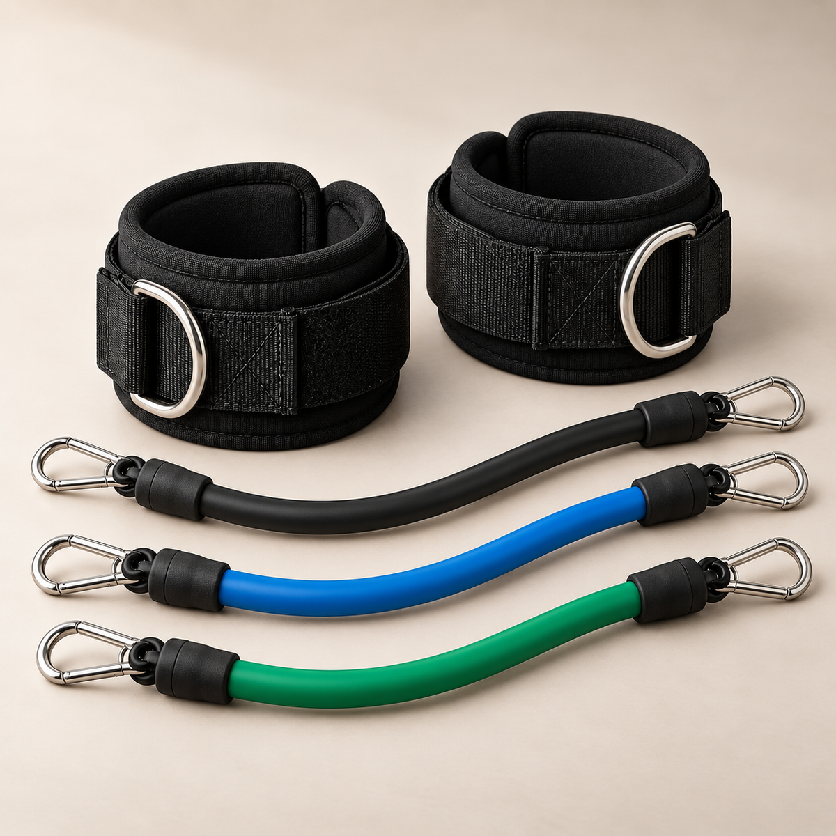 MotionBar Ankle Resistance Trainer with black ankle cuffs and three resistance bands
