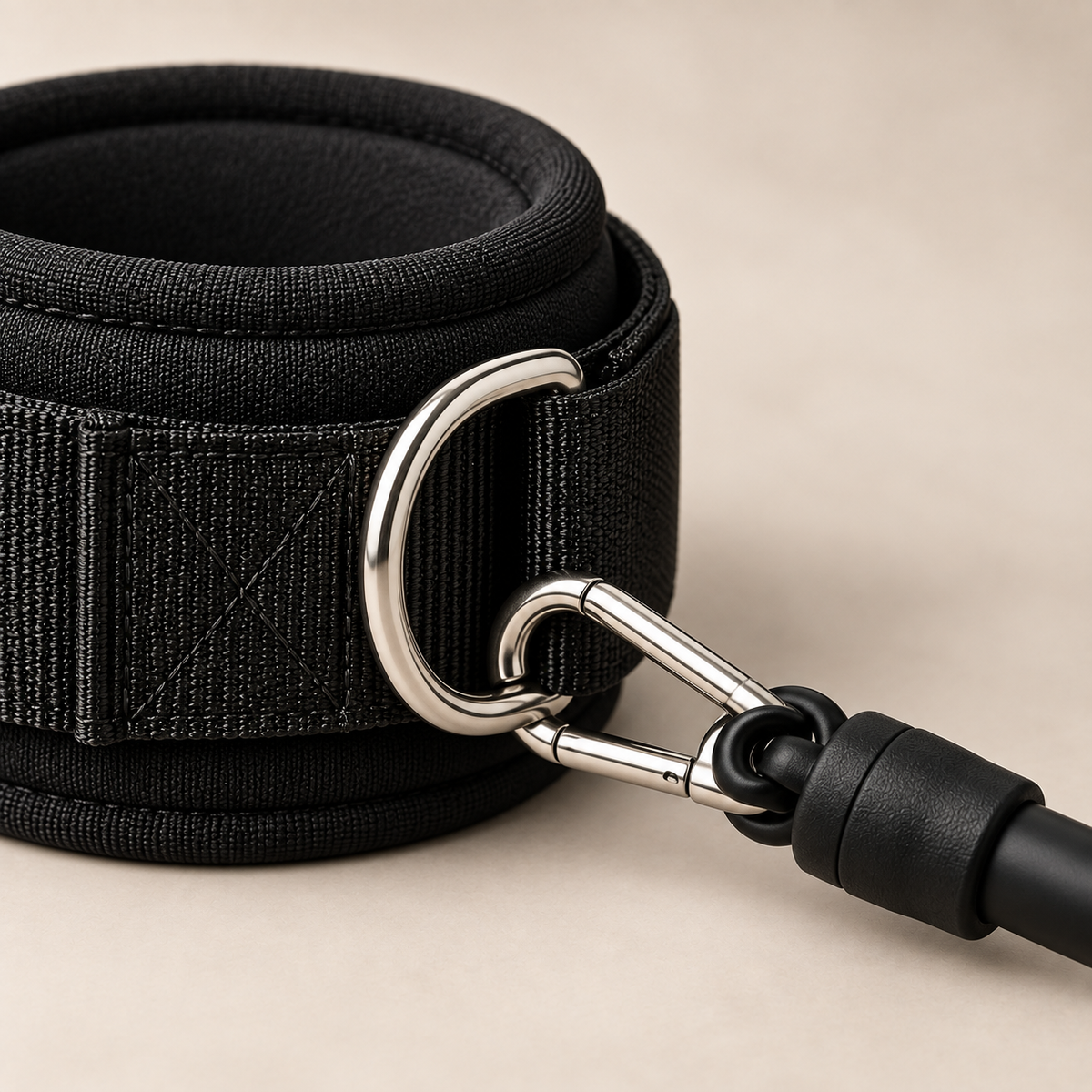 Close-up of MotionBar ankle cuff, D-ring and resistance band attachment