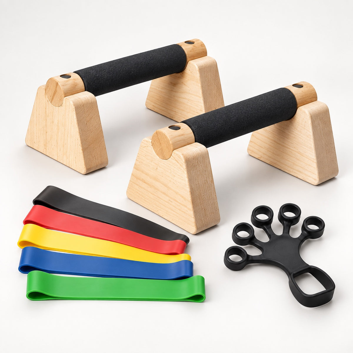 MotionBar Calisthenics Equipment Bundle with wooden parallettes, resistance bands and grip trainer