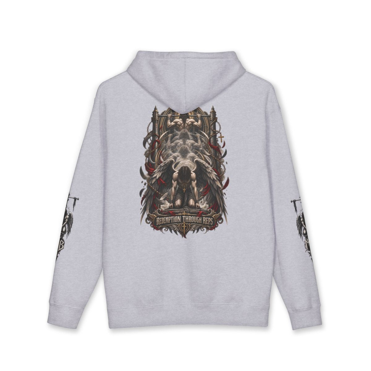 Redemption Through Rep Men's Hoodie — Back, Grey Heather — originele Printify-mockup