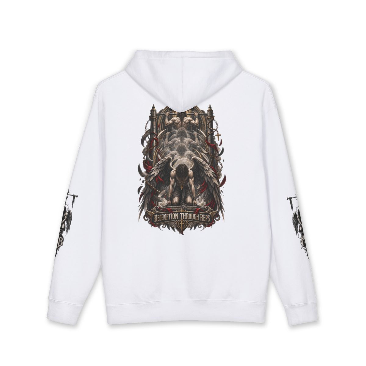 Redemption Through Rep Men's Hoodie — Back, White — originele Printify-mockup