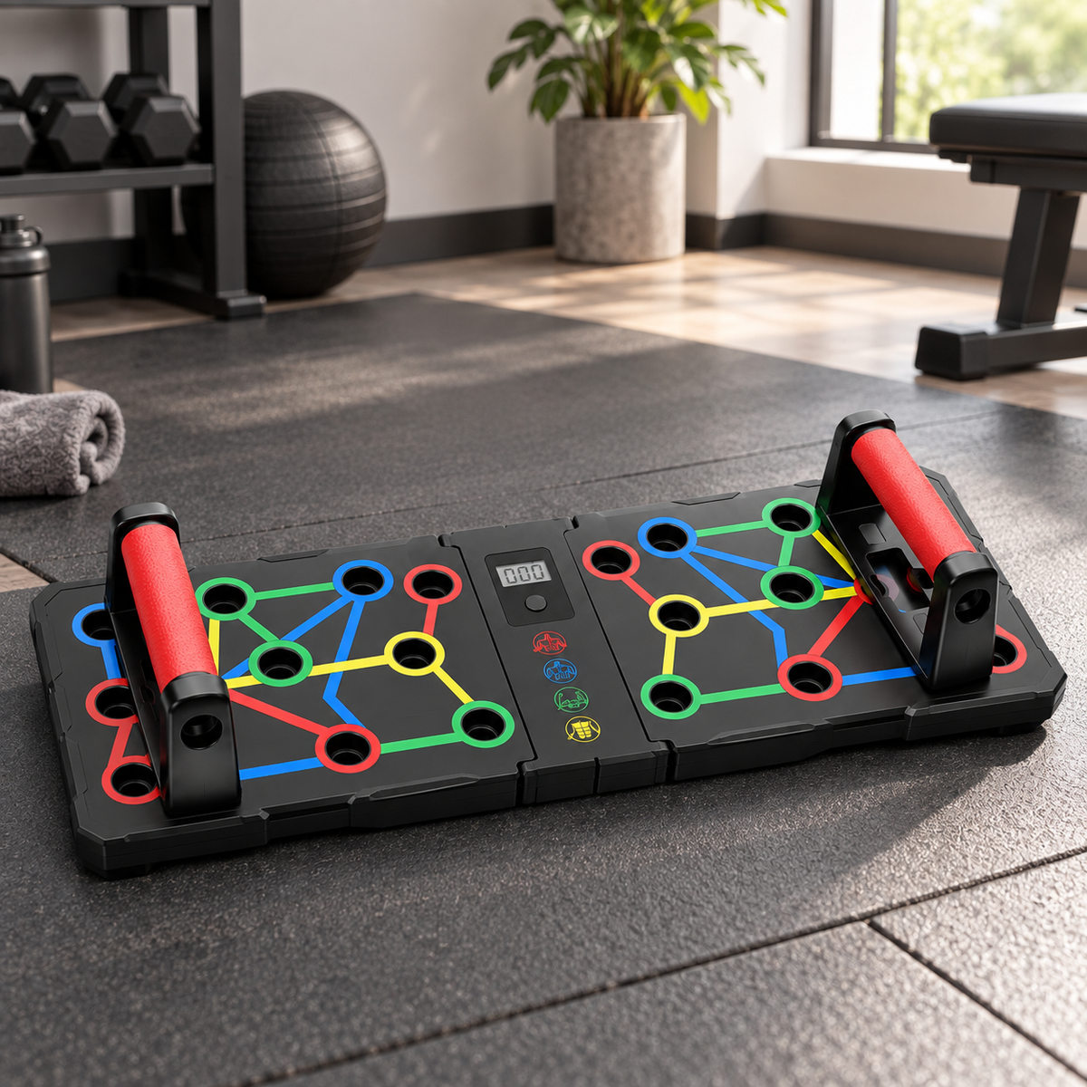 MotionBar Smart Push-Up Board in a home gym setting