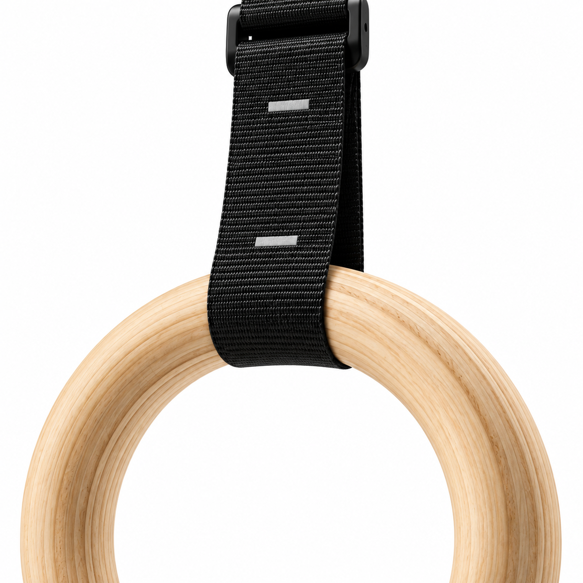 Close-up of MotionBar wooden gymnastic ring and black numbered strap