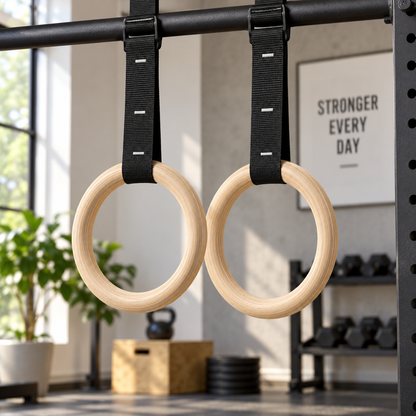 MotionBar wooden gymnastic rings hanging in a modern home gym
