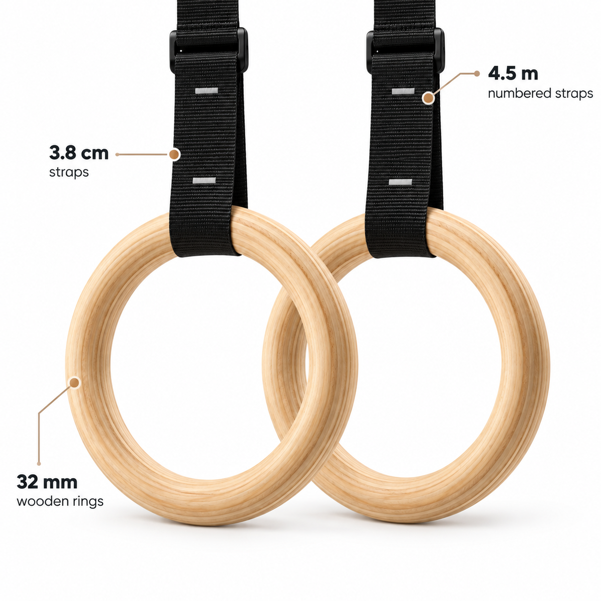 MotionBar wooden gymnastic rings specifications: 32 mm rings, 3.8 cm straps, 4.5 m length