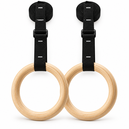 MotionBar wooden gymnastic rings with full black numbered straps