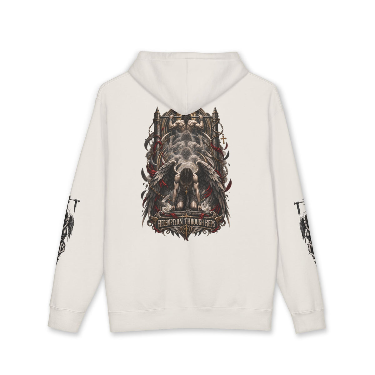 Redemption Through Rep Men's Hoodie – Bone back – official Printify mockup
