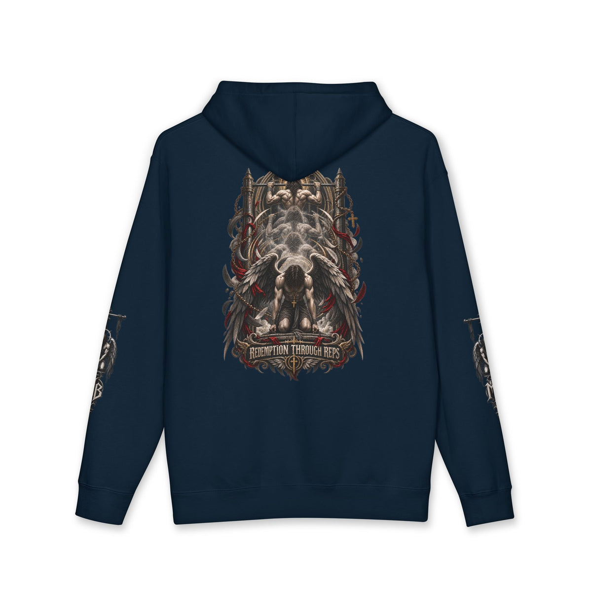 Redemption Through Rep Men's Hoodie – Navy back – official Printify mockup